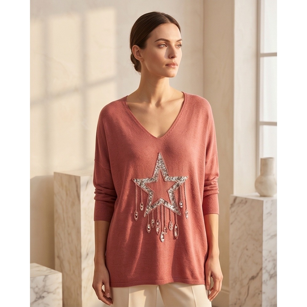 New Collection 1X Italy Wool Angora Blend Sequin Star Embellished Sweater‎ LS